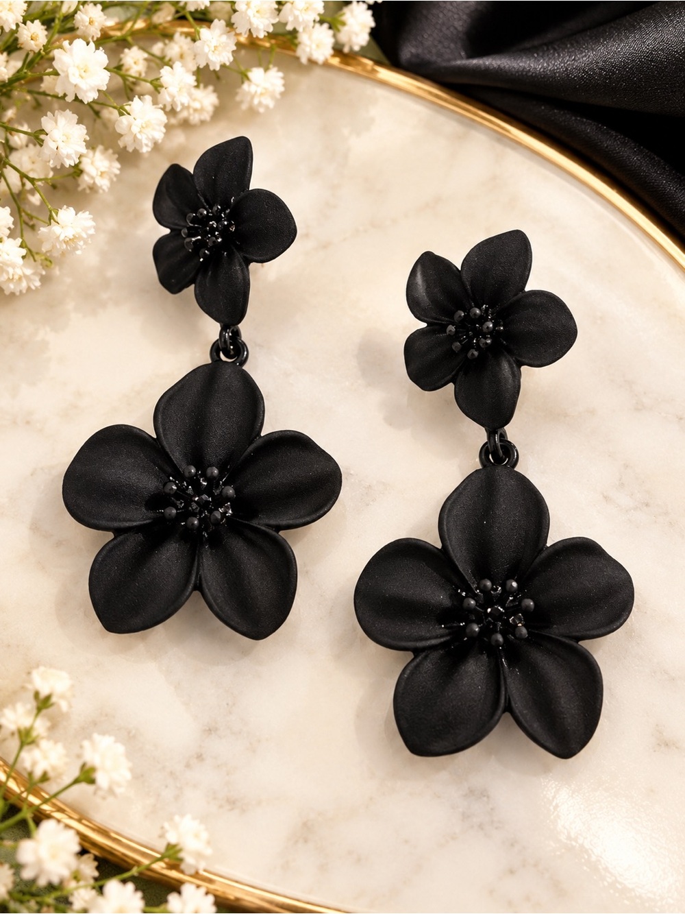 Black Floral Drop Earrings - Women's Jewelry